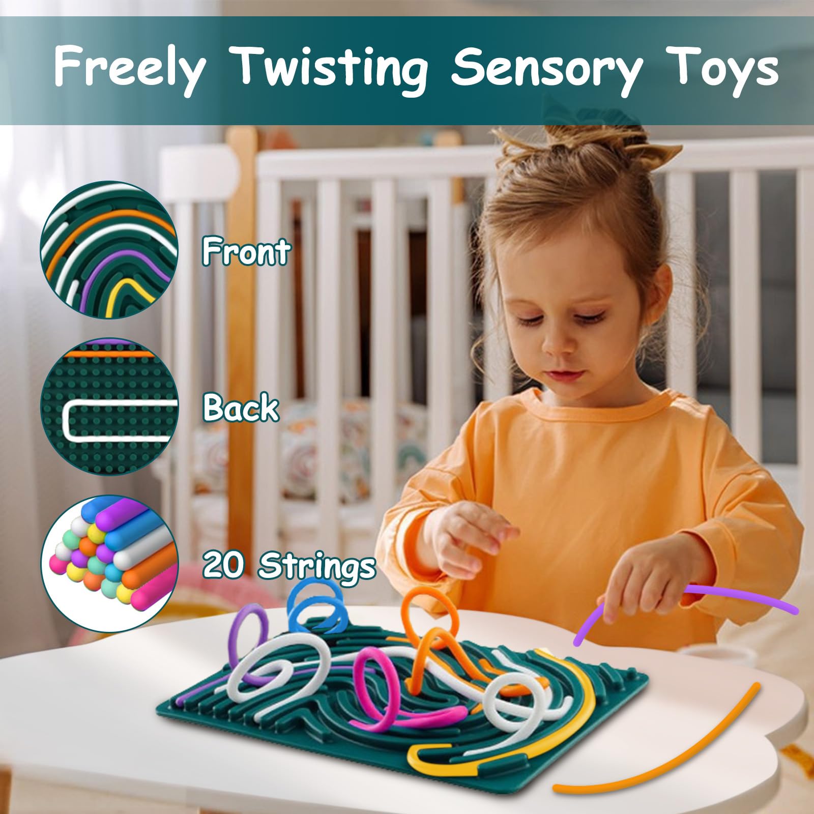 Silicone Sensory Activity Board, Autism Toys, Sensory Toys for Autism, ADHD Fidget Toys, 7 Colors Kids Fidget Toys with 20 Strings - Image 2