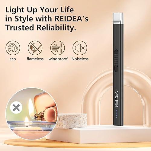 Miniatura 3 de REIDEA Encendedores de velas electrónicas planas R1, resistente al viento, sin llama, USB, recargable, con botón seguro e indicador de encendido