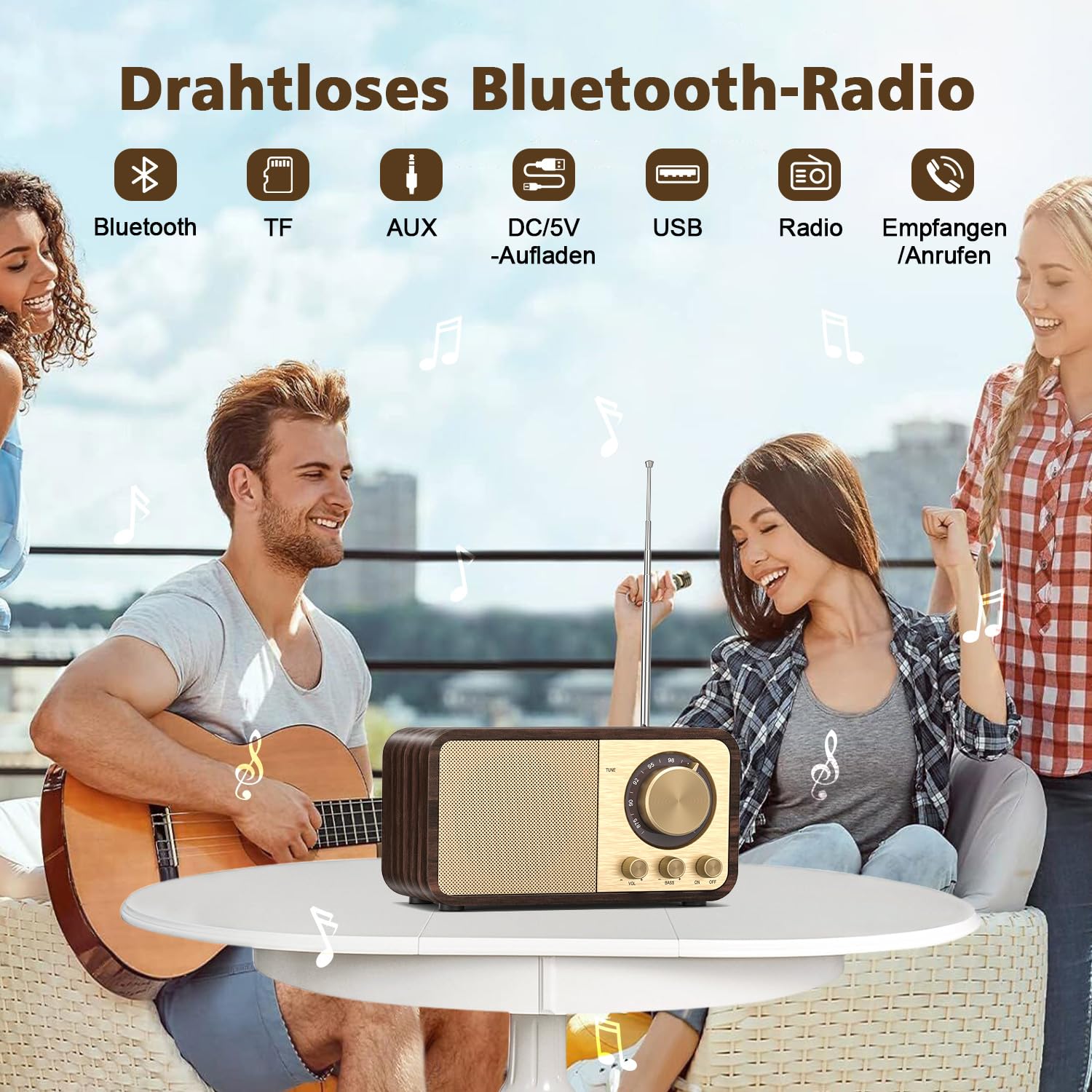 Nostalgie Radio, Retro Radios mit Bluetooth, TF Karten Slot, 2000mAH Wiederaufladbare Batterie, 5 Watt Lautsprecher, Vintage Radios mit AUX/USB, Radio für Küche/Schlafzimmer/Büro