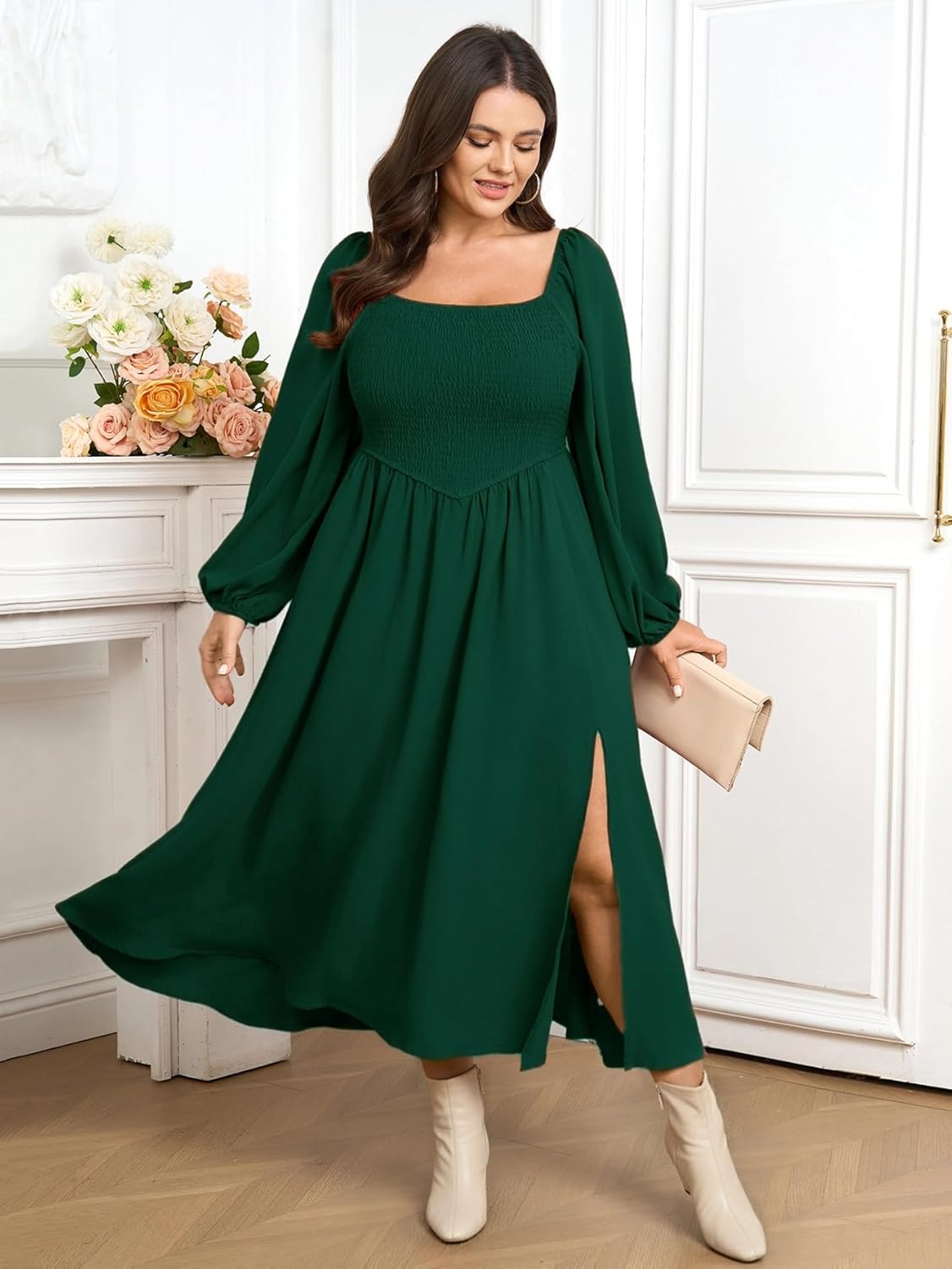 SCOMCHIC Women's Plus Size Fall Dresses Long Sleeve Square Neck Smocked Flowy A-Line Formal Wedding Guest Maxi Dress - Image 6