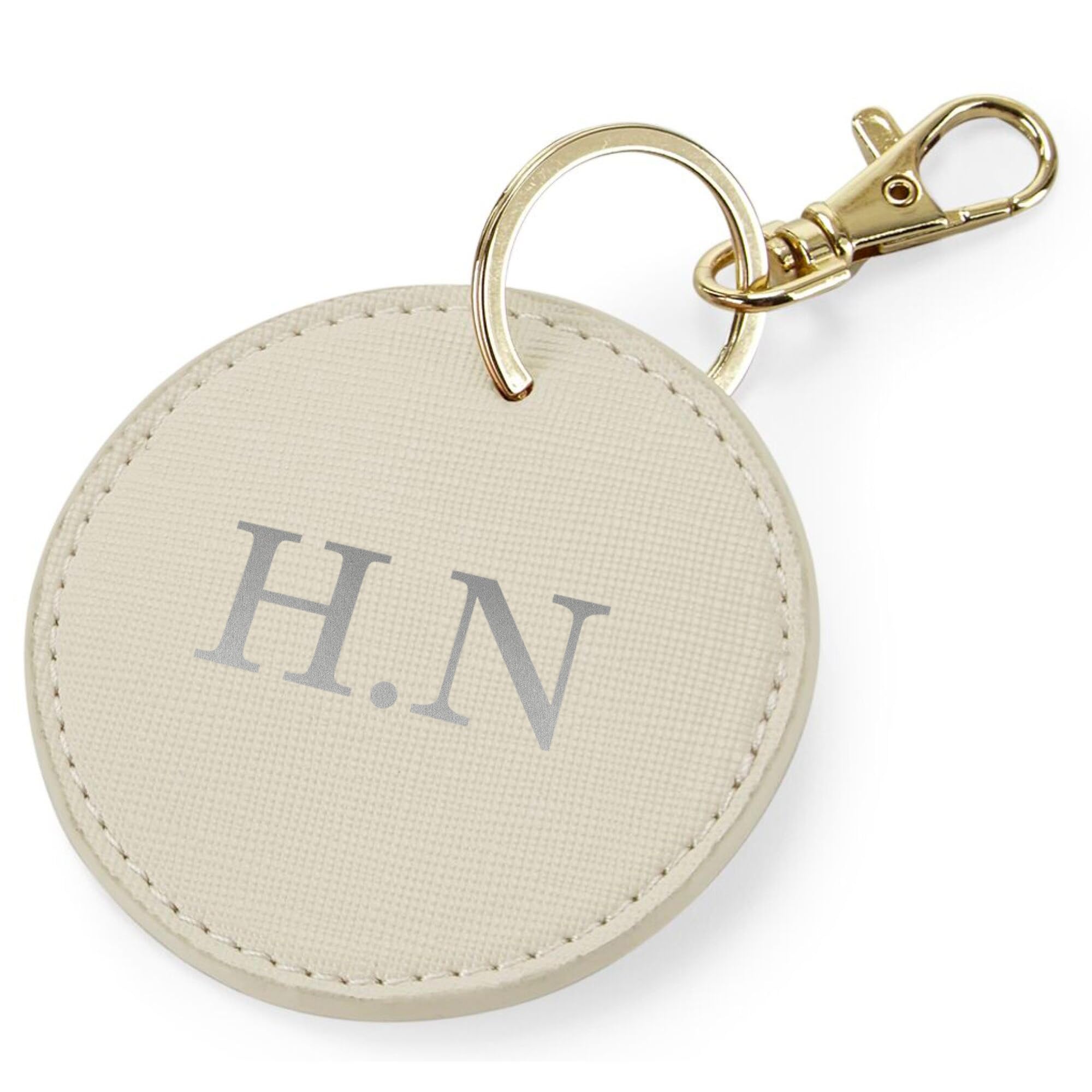 eBuyGB Personalised Round Initial Keyring, Bag Tag PU Leather Keychain, Monogram Key Ring, Luggage Tags, Party Bag Filler, Bridesmaid Gifts (Oyster)