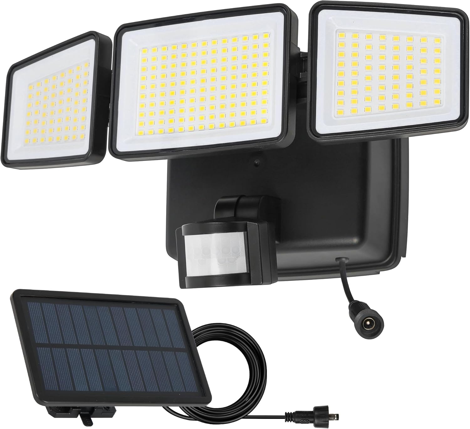 UME Hybrid Solar and Battery Powered Motion Sensor Outdoor Lights, 302 LED 1800LM, IP65 Waterproof, 3-Head Motion Activated LED Flood Lights, Energy Efficient Hybrid Security Lights for Garden, Patio