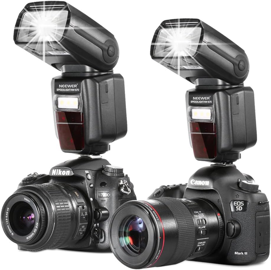 Neewer NW870 flash mounted on Nikon and Canon DSLR cameras