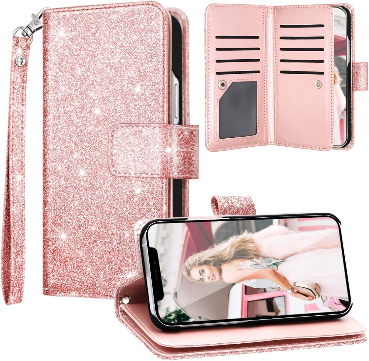 Fingic Compatible with iPhone 12 Pro Max 5G Case Wallet Case Glitter Sparkle Cover 9 Card Holder PU Leather Kickstand Wrist Strap Protective Case for Women Apple iPhone 12 Pro Max 5G 6.7", Rose Gold