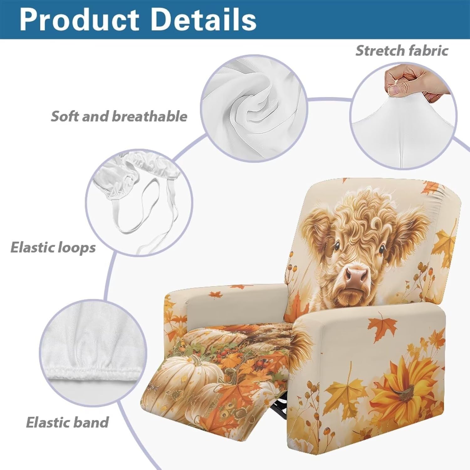 FOR U DESIGNS Highland Cow Maple Leaf Small Recliner Cover 4-Piece Stretch Slipcover with Storage Pockets Washable Furniture Protector for Reclining Chairs Easy to Install