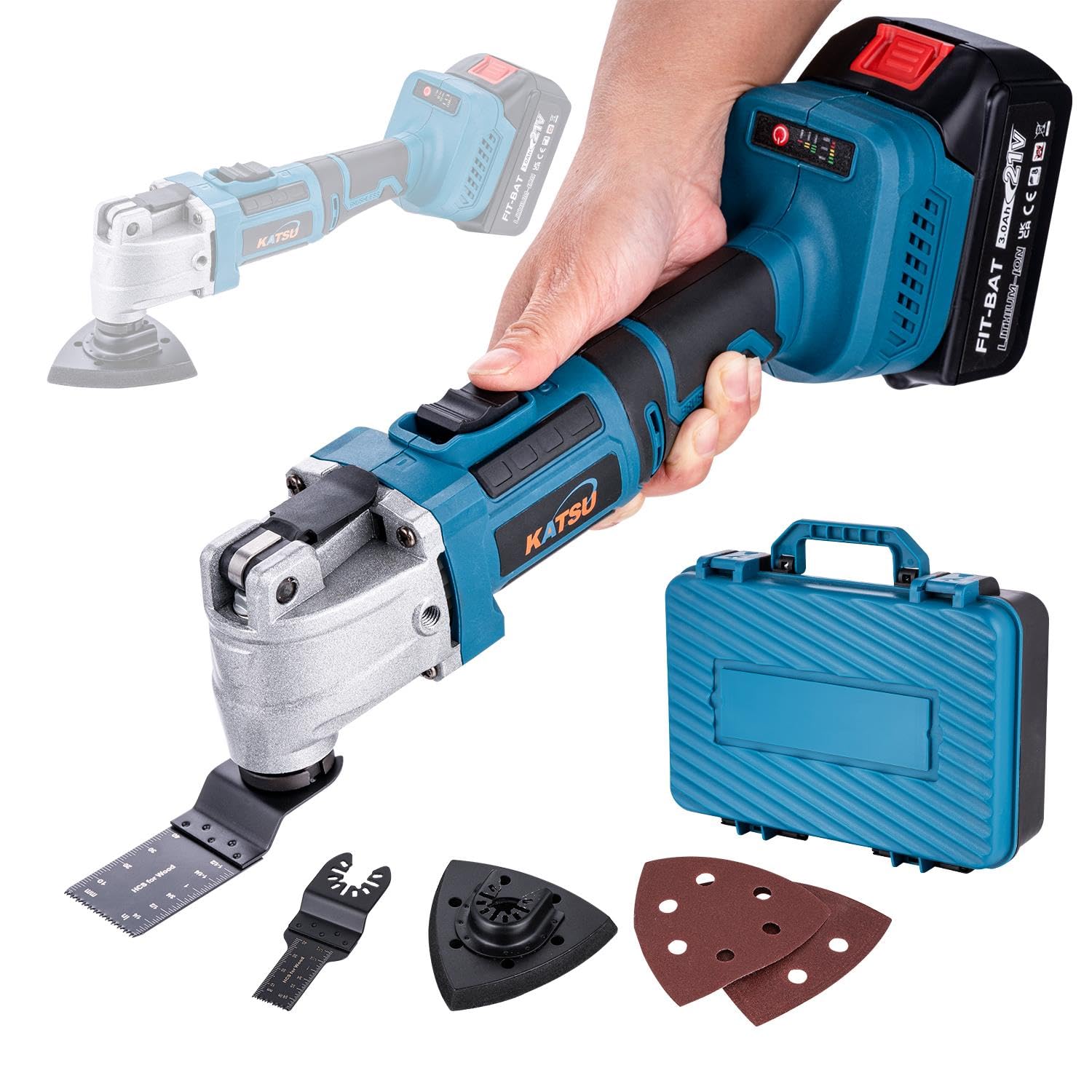 KATSU FIT-BAT 21V Brushless Cordless Oscillating Multitool with 3.0Ah Battery and Charger, 6 Variable Speed, Quick Change System, 5 Accessories Included, Packed in Plastic Case