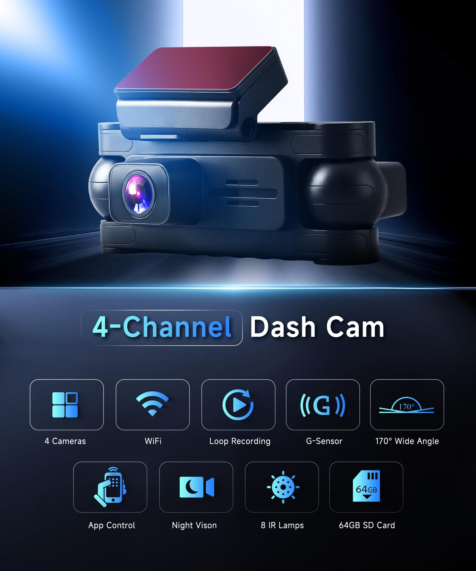 VECHTEL Cámara de salpicadero 2K para Coche, Delantera y Trasera, con WiFi, 1080P,4 cámaras de salpicadero con Pantalla IPS de 3 Pulgadas,GPS,visión Nocturna, Sensor G, protección de 360°,64 GB TF