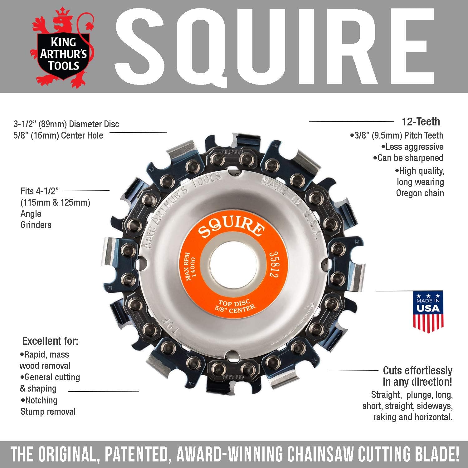King Arthur's Tools Patented Squire 12 Tooth Circular Saw Blade Carving Disc for Woodworking, Removal, Cutting, and Shaping - 5/8” Bore, Fits Most Standard 4 1/2", 115-125mm Angle Grinders #35812