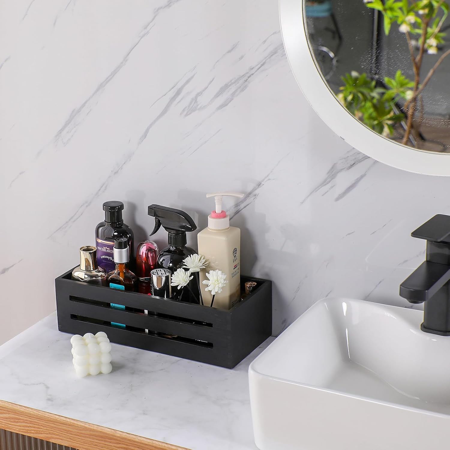 Bathroom Decor Box,Wooden Toilet Tank Topper Basket Tray,Back of Toilet Basket for Paper Storage Bathroom Counter Organizer (Black, Hollowed-Out 13 * 6.1 * 3 in) - Image 2