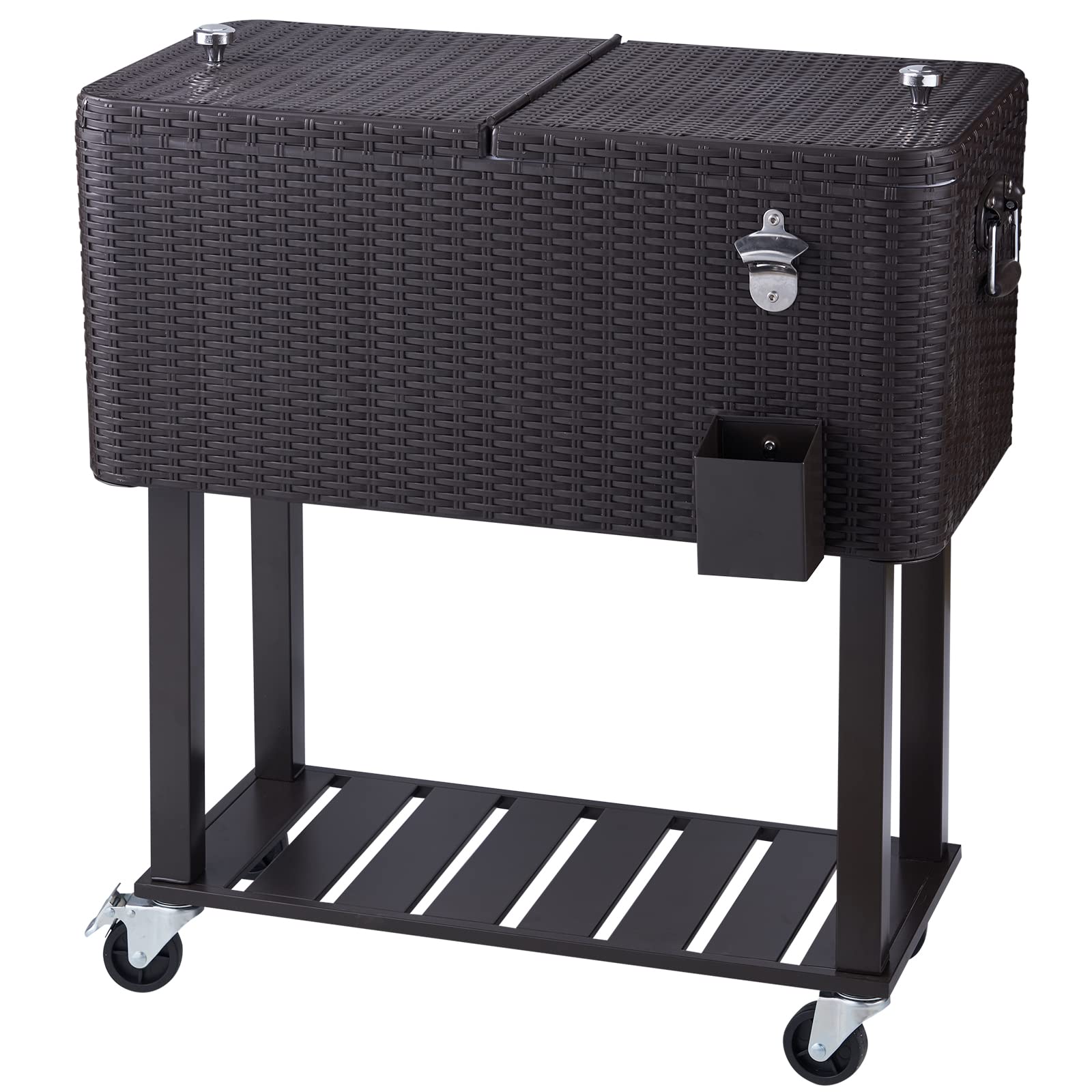 VEVOR Carrello Mobile Bar Frigo per Bevande Carrello Isotermico Superficie Resina Rattan Capienza 80QT Apribottiglie Scatola Raccoglie Tappi, Carrello per Bevande Contenitore per Ghiaccio Portabirre