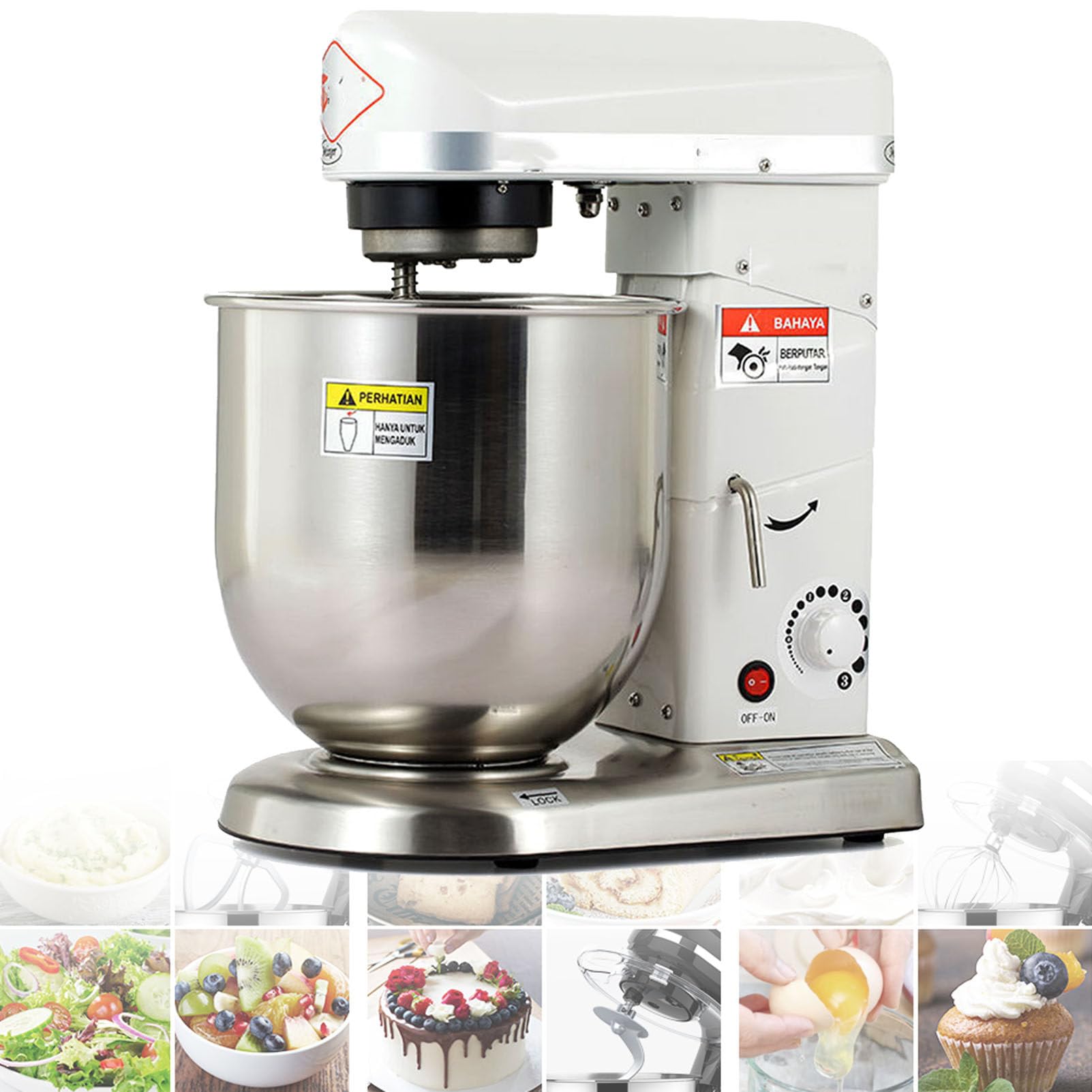 LYDZUSDP Commercial Stand Mixer,Stainless Steel Bowl,Heavy Duty Kitchen Electric Food Mixer with 3 Speeds Adjustable,Dough Hook Whisk Beater Included(White 10L)