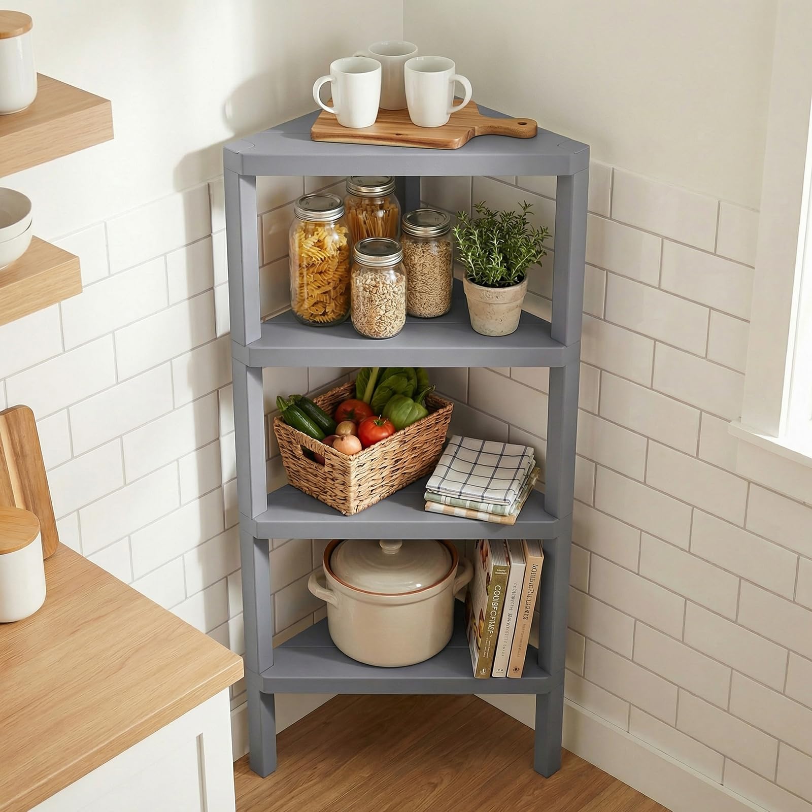 KOMFOTTEU - Estantes esquineros de 4 niveles, carga de 32 kg, mueble esquinero, plástico con estantes de láminas, ideal para baño, cocina, sala de estar, dormitorio, oficina, 46 x 33 x 99 cm (gris)
