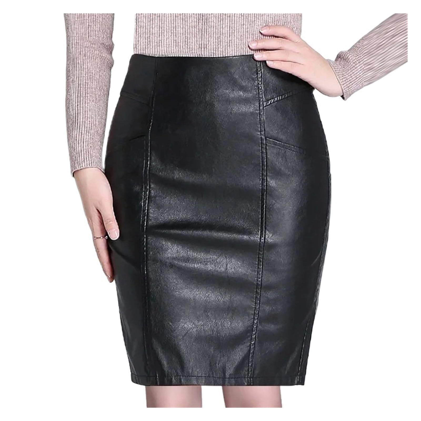 Gonna Corta a Tubino in Similpelle Opaca Nera da Donna, Elegante, Casual, Vintage, con Cuciture, Estiva