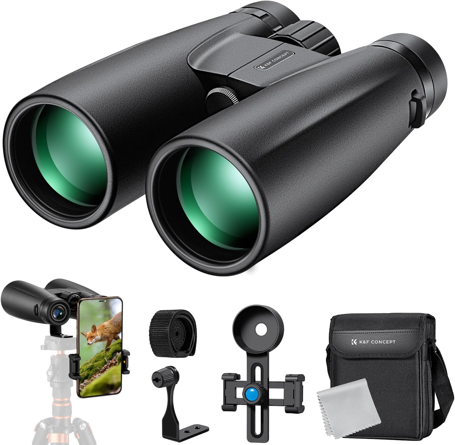 K&F Concept® 12X50 Binoculars Telescope with Smartphone Adapter, Tripod Adapter, Cleaning Cloth, FMC Lens BAK4 Prism for Adults Kids, HD Binoculars for Bird Watching Hunting Hiking Camping Travelling