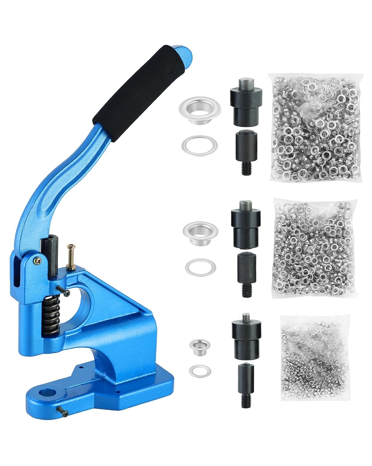 Heavy Duty Hand Press Grommet Machine | 3 Dies Grommet Tool Kit (#0, #2, #4) with 1500Pcs Silver Grommets, Ideal for Banner, Awning, Signs, Curtains, Industrial Eyelet Grommet Machine