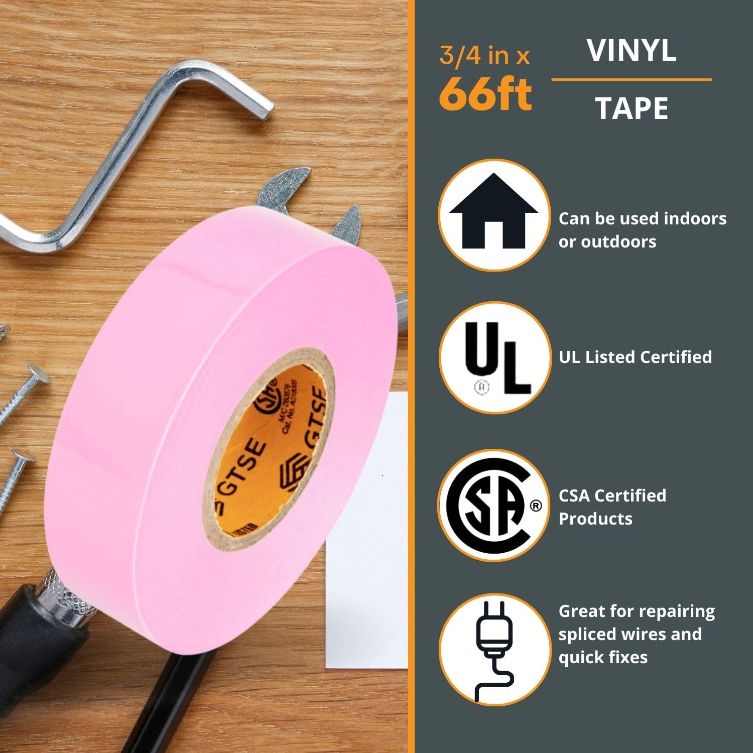 GTSE Pink Electrical Tape, 10 Rolls – Waterproof, Industrial Grade Vinyl, 3/4 in x 66ft– Strong Self-Adhesive PVC Electric Tape for Wire Insulation, 7 Mil, 600V – UL/CSA Listed