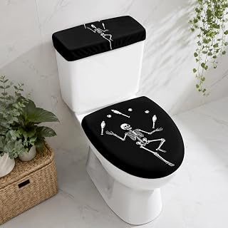 Halloween Skeleton Juggling Toilet Lid Cover and Tank Cover Set, Washable Stretch Fabric Toilet Covers with Elastic Edge, Elegant Skull Black Universal Lid Protector for Home Hotel Bathroom Decor