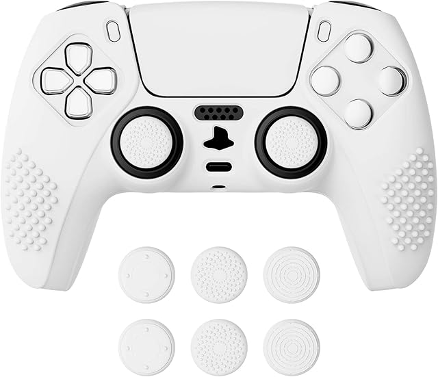 eXtremeRate PlayVital White 3D Studded Edition Anti-slip Silicone Cover Skin for ps5 Controller, Soft Rubber Case for ps5 Wireless Controller with 6 White Thumb Grip Caps