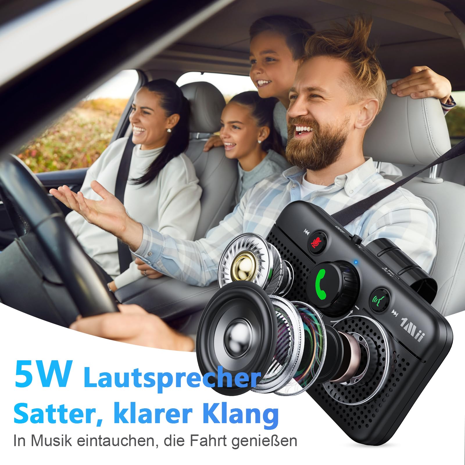 1Mii CarEcho MK02 Bluetooth 6.0 Freisprecheinrichtung für Auto, 5W Lautsprecher für Kristallklare Anrufe, Siri & Google Assistant, Automatisches Einschalten, Dual Verbindung, 35 Std Akku