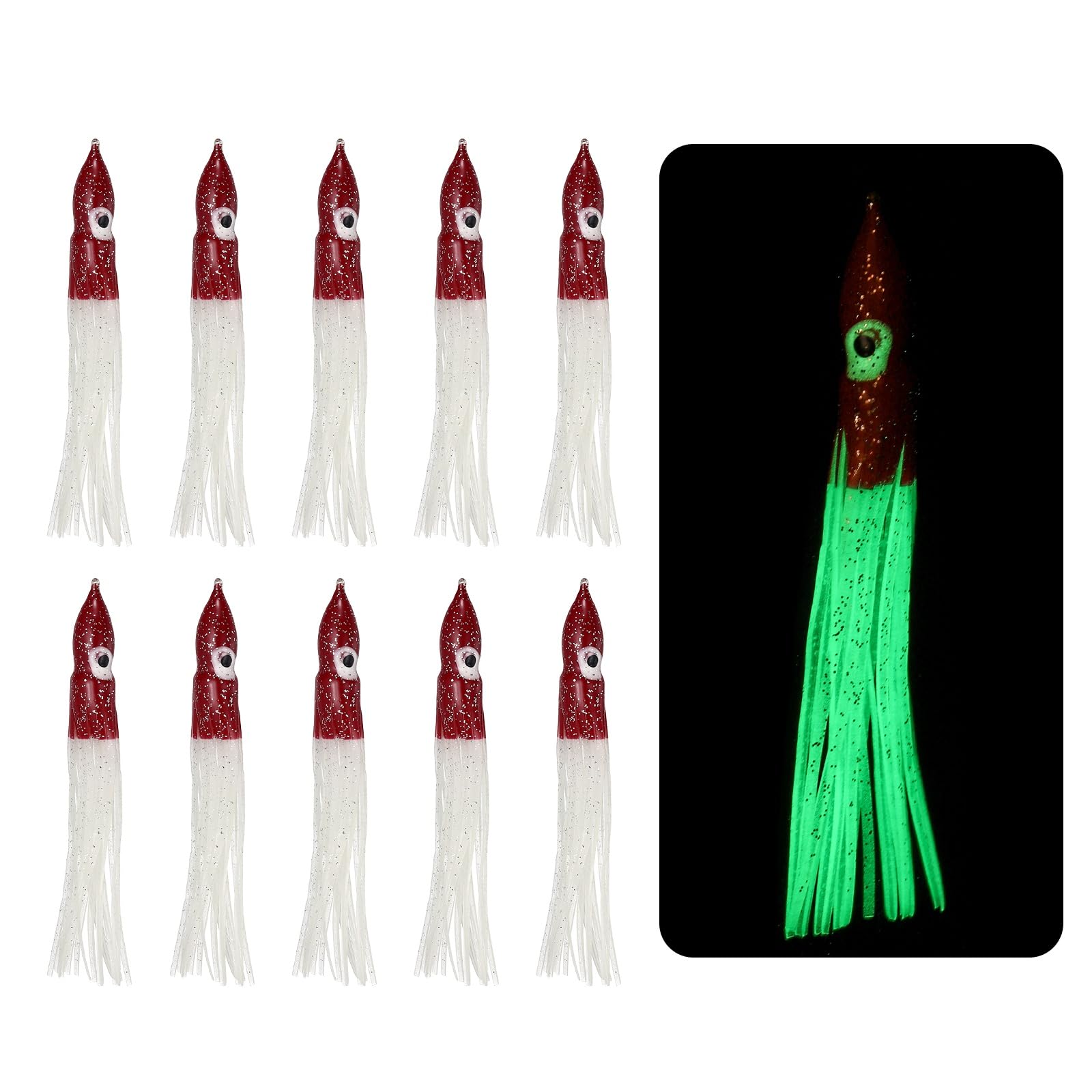 YELARXI Fishing Squid Skirts Lures Glow Soft, 4.7 x 0.5 Inch & 10 Pcs & Clear/Burgundy