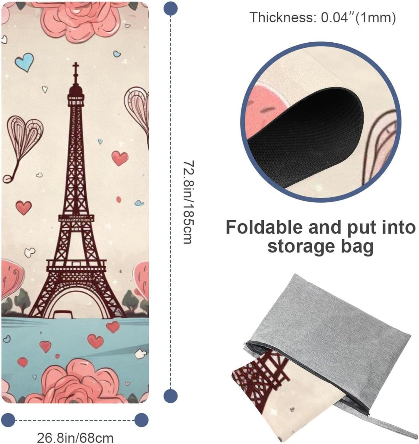 Yoga Towel, Eiffel Tower Valentine's Day Pattern Non Slip Sweat Absorbent Hot Yoga Mat Towel for Hot Yoga, Pilates and Fitness - 72.8" x 26.8"