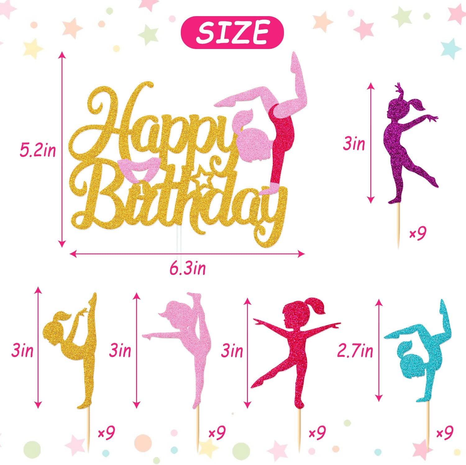Gymnastics Cake Topper 45 Pieces Cupcake Decorations for Girl's Happy Birthday Party Supplies - Glitter Gymnast Decor