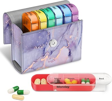 FINPAC Weekly Pill Organizers 4 Times A Day, Slide Open PU Leather Case