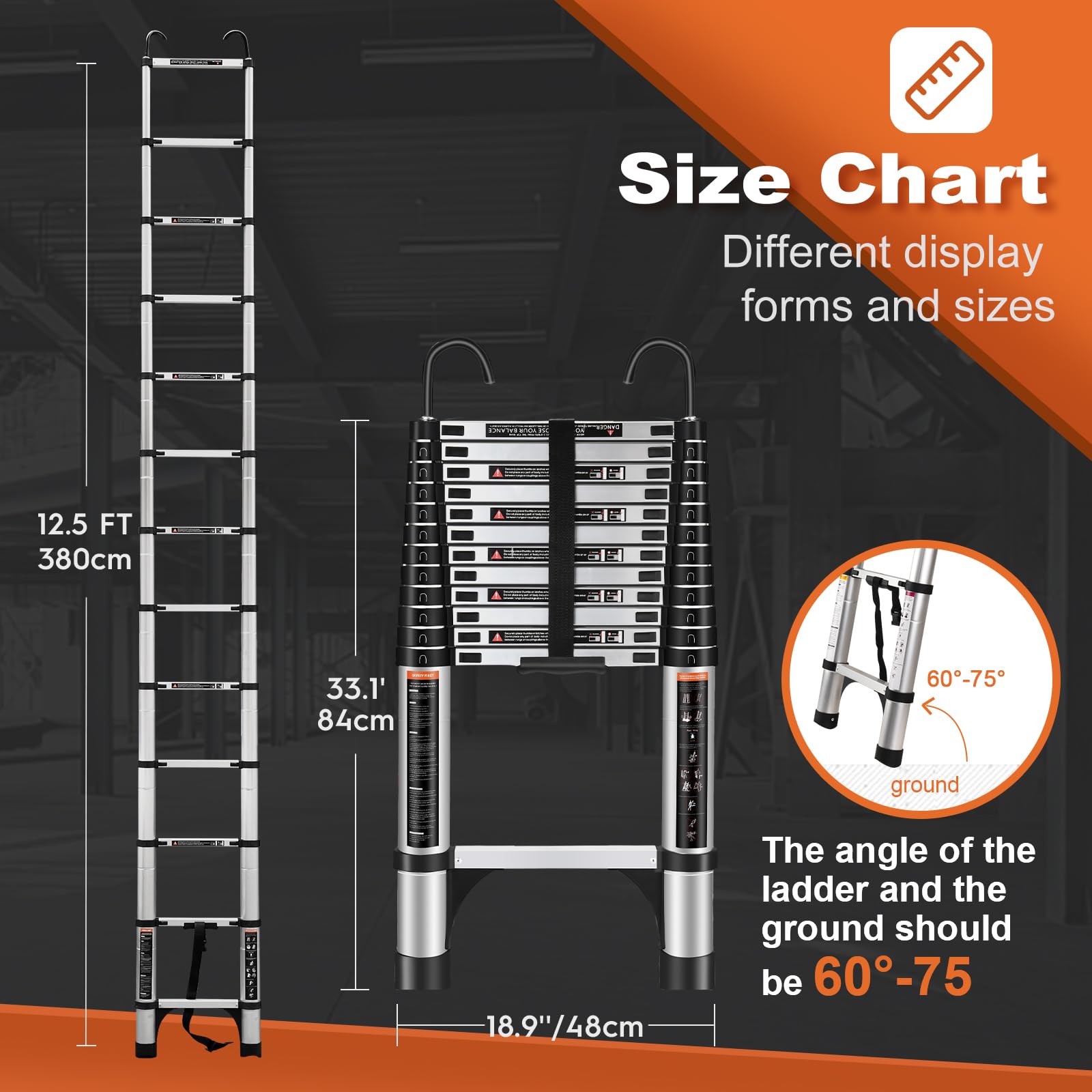 HBTower Scala telescopica da 3,8 metri con ganci e piedini antiscivolo, leggera scala pieghevole in alluminio per soppalchi, camper, esterni ed interni, capacità di 150 kg.Argentato