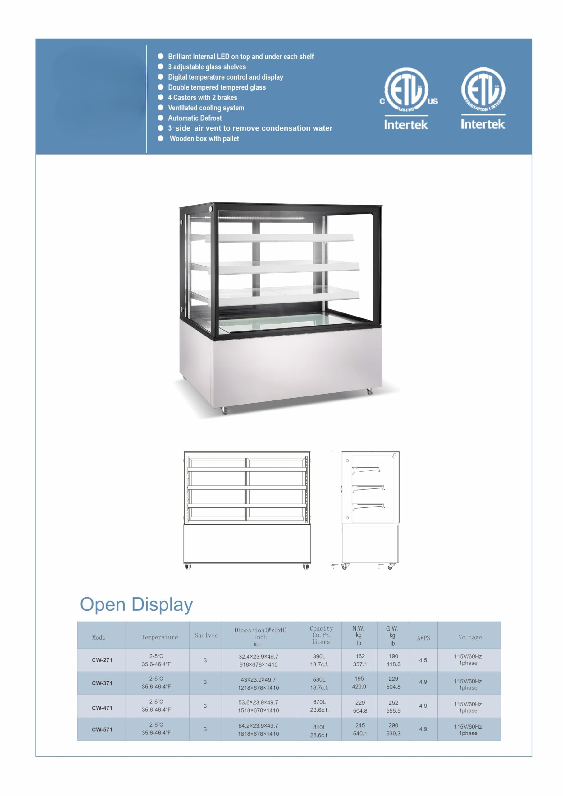 Elite Kitchen Supply Commercial Refrigerated Display Case, 48 x 27 x 56 inches, 3-Shelf Glass Bakery Showcase, Digital Temperature Control, LED Lighting CW-371