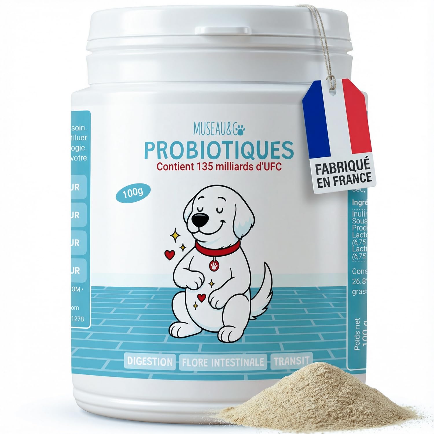 Probiotiques Chien Chat - 135 Milliards UFC - Flore Intestinale Digestion Transit - Lactobacillus Inuline Chicorée - Goût Poulet - 100g - Fabriqué en France - Museau & Co