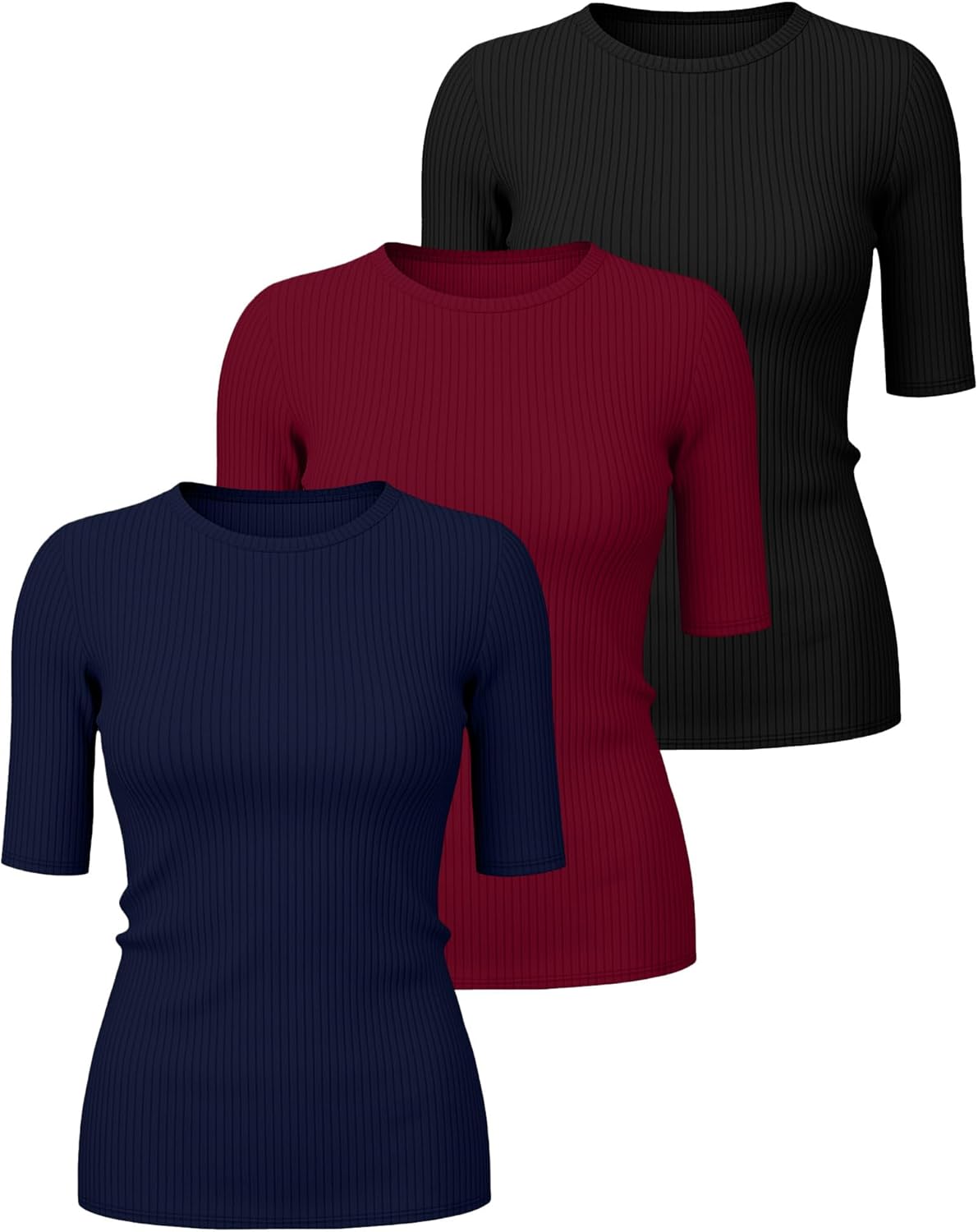 Riyiper 3 Pack Women's Half Sleeve Tops, Elbow Length Ribbed Cotton T Shirt Crew Neck Summer Tee Slim Fit Casual Blouses - Image 3