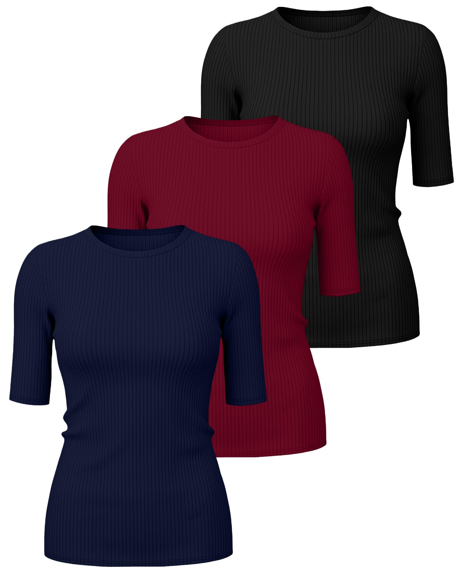 Riyiper – Lot de 3 Hauts pour Femme à Manches mi-Longues – T-Shirts d'été en Coton côtelé à col Rond – Coupe ajustée – Blouses décontractées