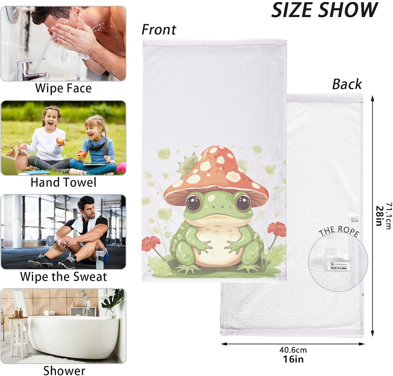 Hand Towels Set of 2 Kawaii Frog Mushroom Cotton Face Towel Bath Towel for Gym Spa Bathroom Absorbent Soft Guest Towel Home Decor 16 * 28in
