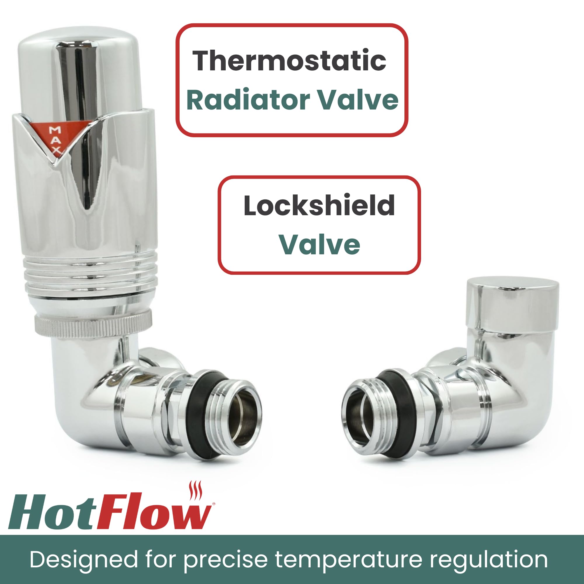 Valvola termostatica per radiatore Marella 3 Moderna ad angolo TRV. Include corpo TRV, testa ruota e scudo di blocco per un controllo rapido e semplice della temperatura.