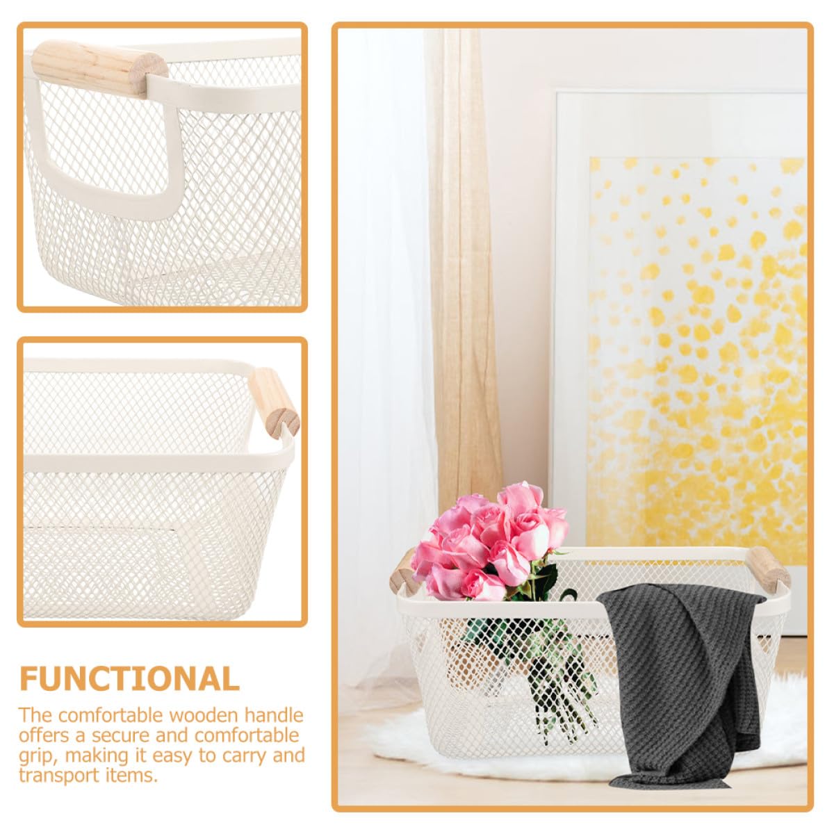 Cesta Gran Capacidad de Hierro de Almacenamiento Mango de Madera Estilo Nórdico Rectangular Blanco y Fácil de Transportar para Organización de Baño