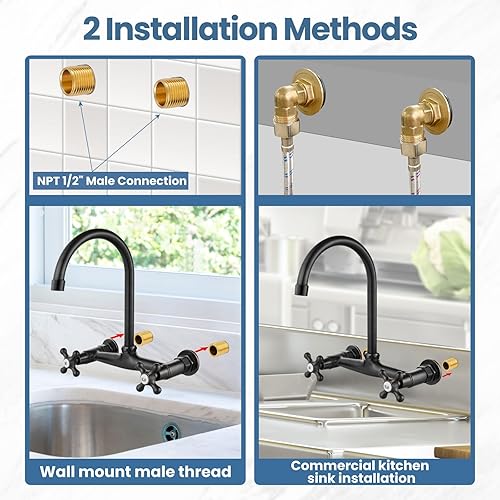 Vista 38 de Airuida Grifo de fregadero de cocina de latón antiguo, grifo central montado en la pared de 8 pulgadas, grifo de cocina comercial montado
