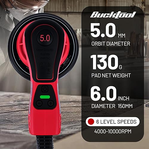 Miniatura 2 de Bucktool Lijadora orbital de 3.0 amperios y 6 pulgadas, motor sin escobillas, velocidad variable 4000-10000, diámetro de órbita de 0.197 in, con