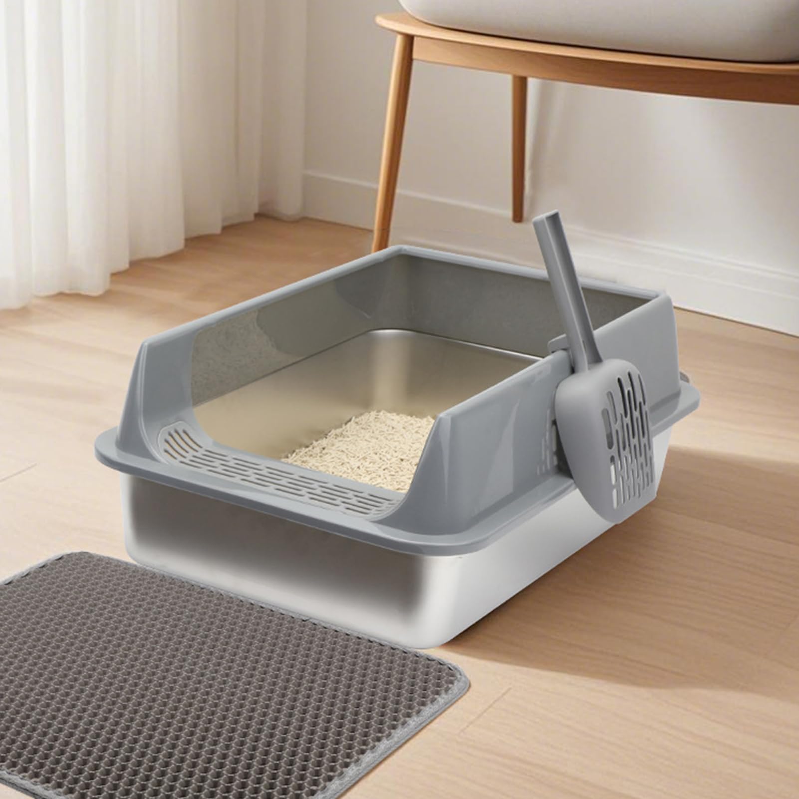 Lettiera per gatti in acciaio , 40 x 30 x 19 cm, profonda, semi-aperta | con pala, resistente agli spruzzi, design profondo, facile da pulire, igienico, resistente agli odori, per interni, balcone