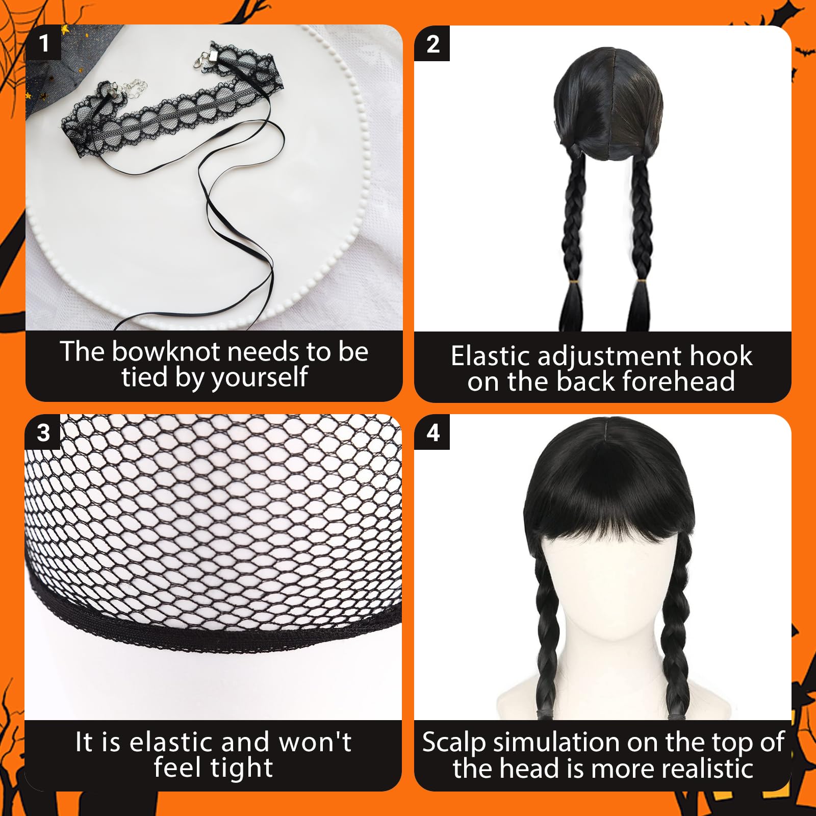 SSKHE 3Pcs Black Braided Wig for Women and Children Cosplay Accessory for Wednesday Addams Halloween Costume Hairpiece - Image 3