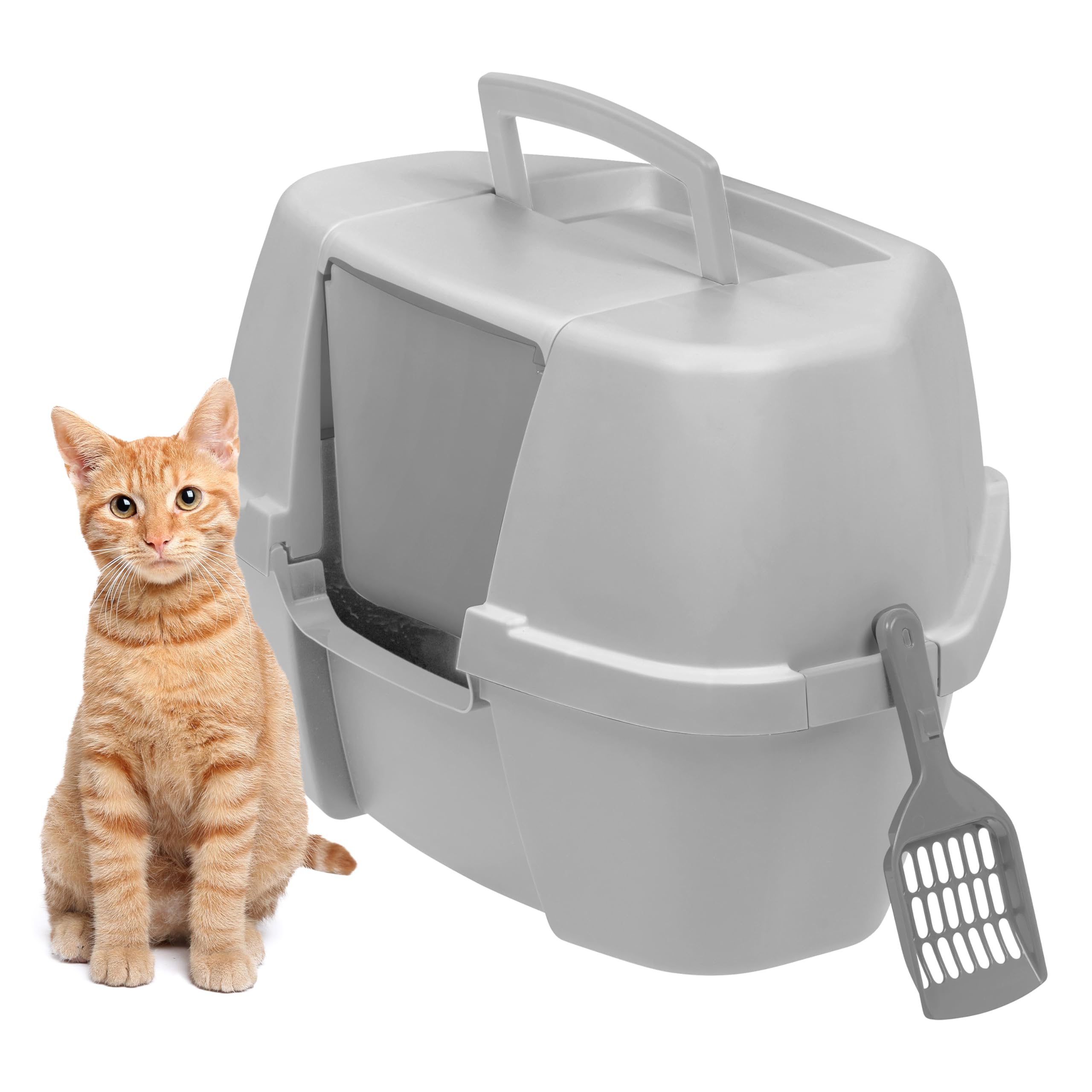 IRIS USA Corner Cat Litter Box Enclosed with Scoop - Privacy and Easy Access for Cleaning, Odor Defensive Hooded Litter Tray, Sturdy Stain Resisting Plastic, Fits in Most Corners, Gray