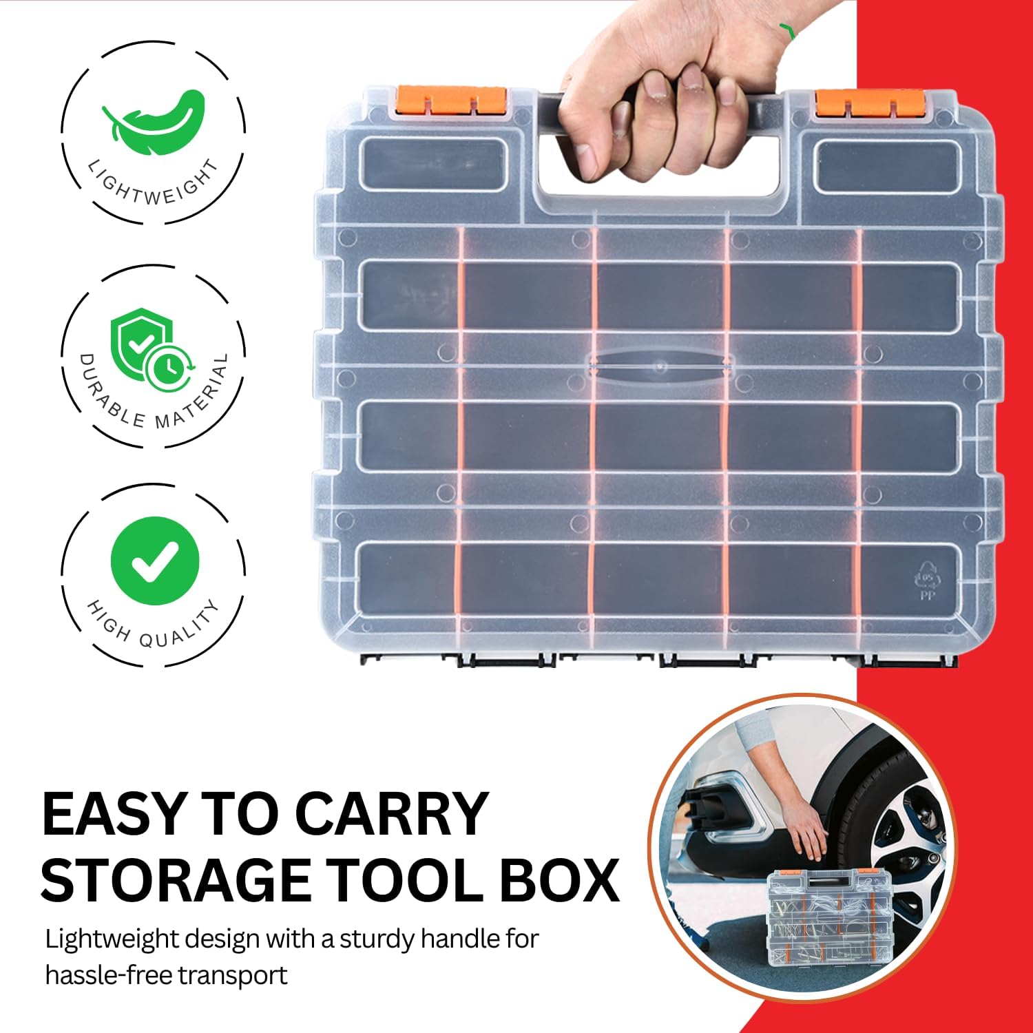 Andalus Tools Organizer Box, Small Parts Storage 34-Compartment Double-Sided Portable Hardware Organizer Removable Plastic Dividers for Screws, Nuts, Bolts, Nails – Orange (2 Pack, 12.5" x 10.5" x 3")