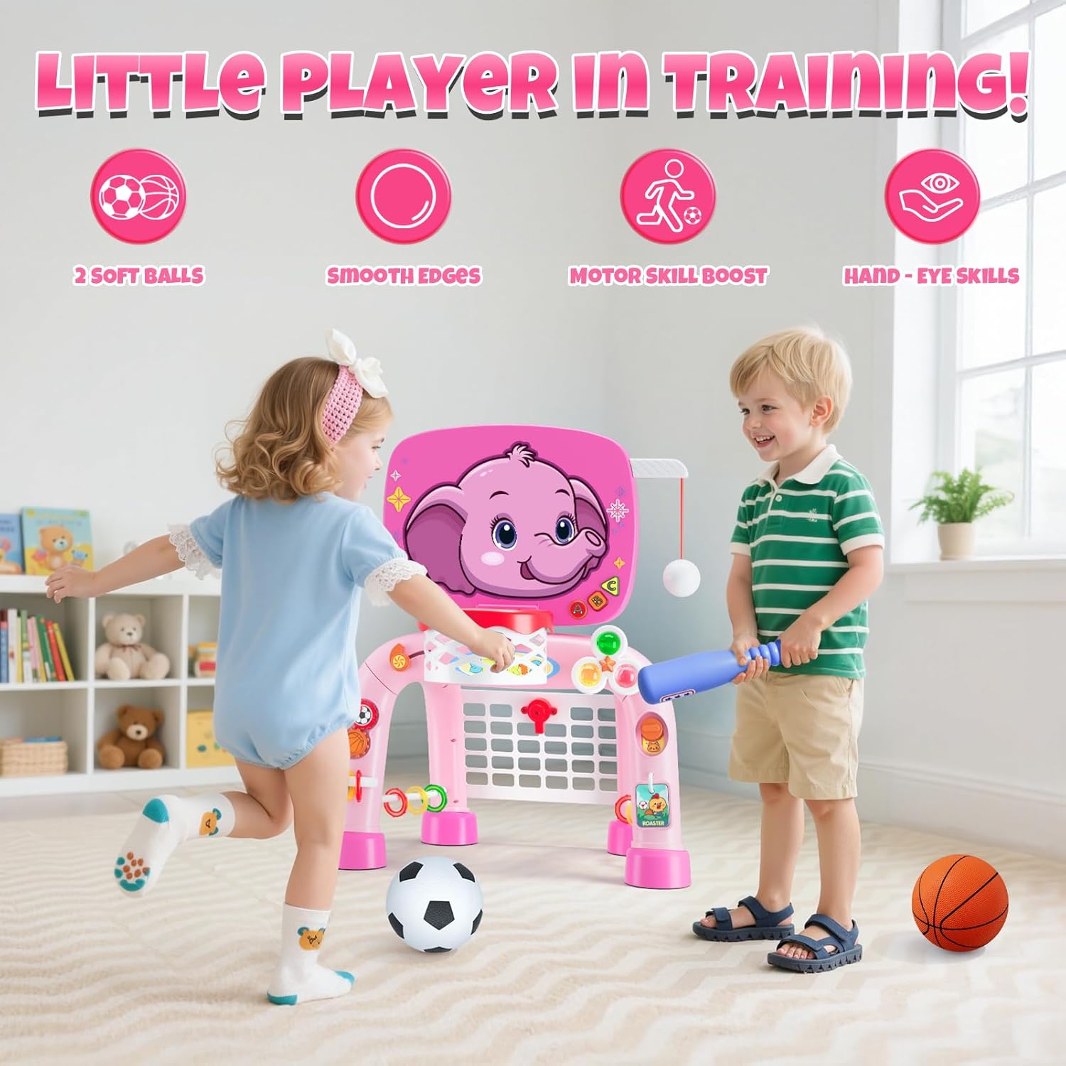 Wee Wonders Toddler Basketball Hoop & Soccer Goal Tball Set, Kids Sport Toys with Light & Sound, Musical Activity Center Toys for 1 2 3 Years Old Girls, Christmas Birthday Gifts for Baby 12-18 Months
