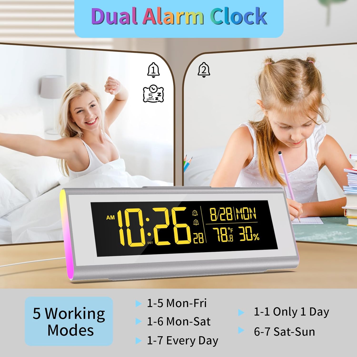 Alarm Clocks for Bedrooms, LED Desk Clock with RGB Night Light, Brightness Dimmer, Date, Week, Temperature Large Display, Modern Decor for Desk, Office, Gift for Kids, Teen, Adults (Silver)