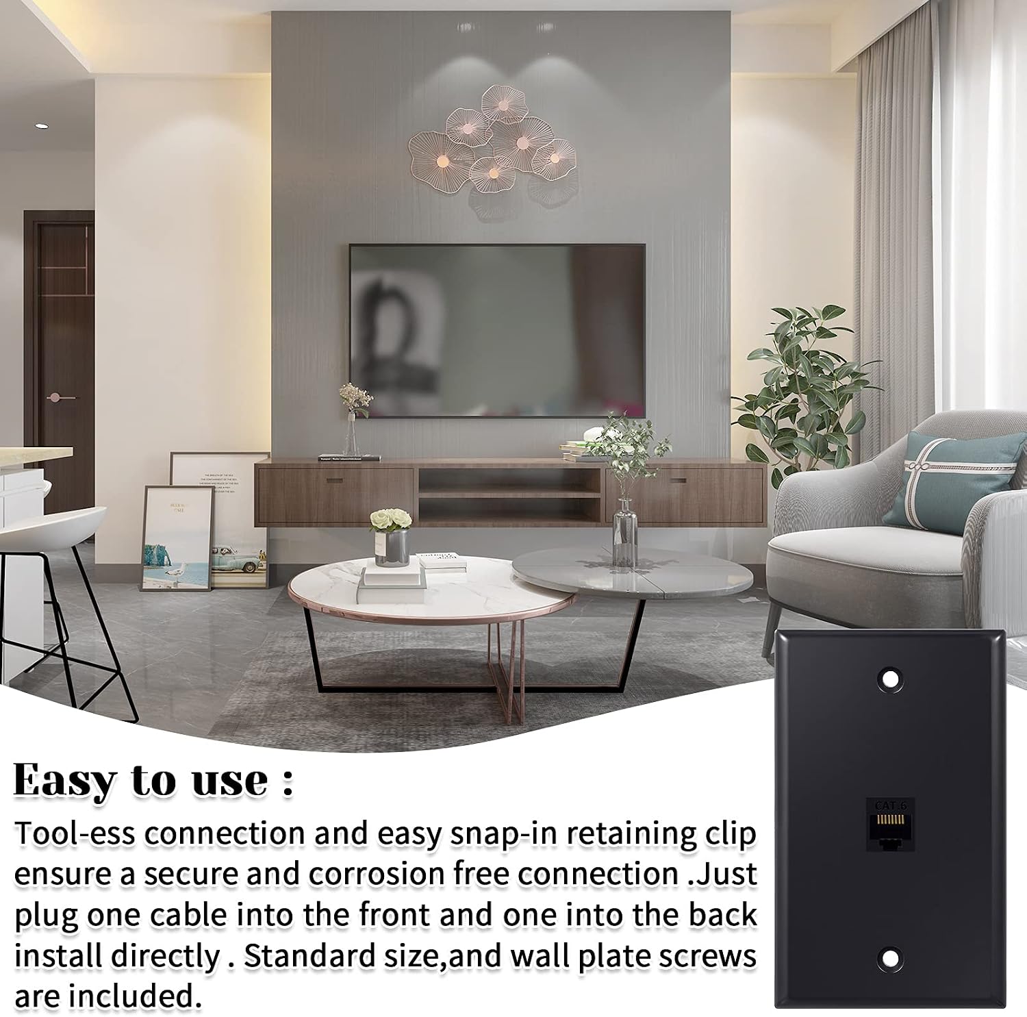 Weewooday Ethernet Wall Plate with Single Port Rj45 Cat6 Female to Female Wall Jack Inline Coupler Plates Ethernet Cable Faceplates(Black,4 Pack)