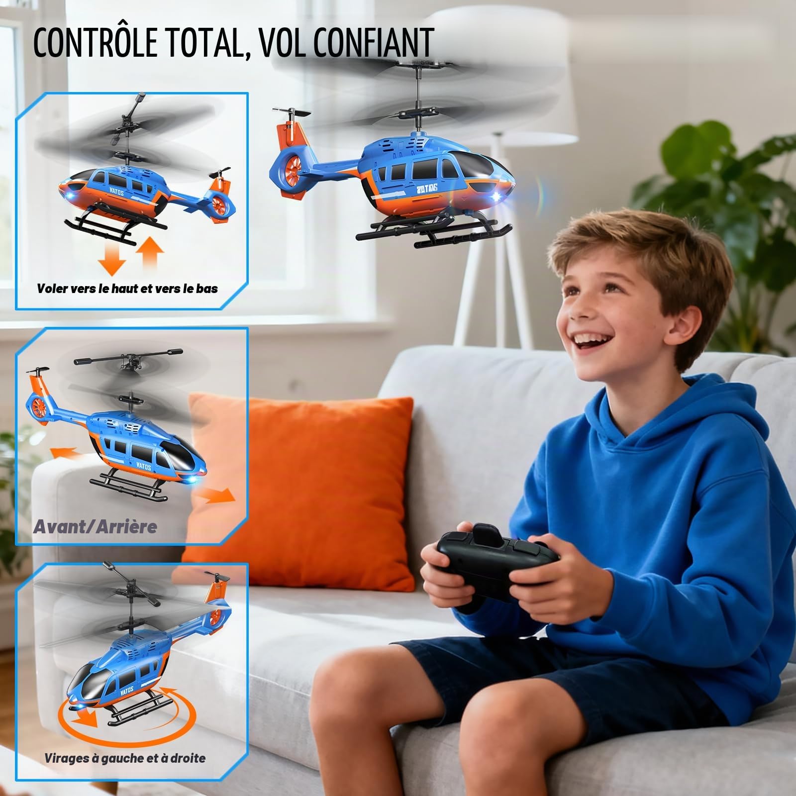 VATOS Hélicoptère RC 2.4G avec LED pour Enfants Débutants, Maintien d'Altitude, Démarrage à Une Touche, Cadeau Garçons 10+ Ans