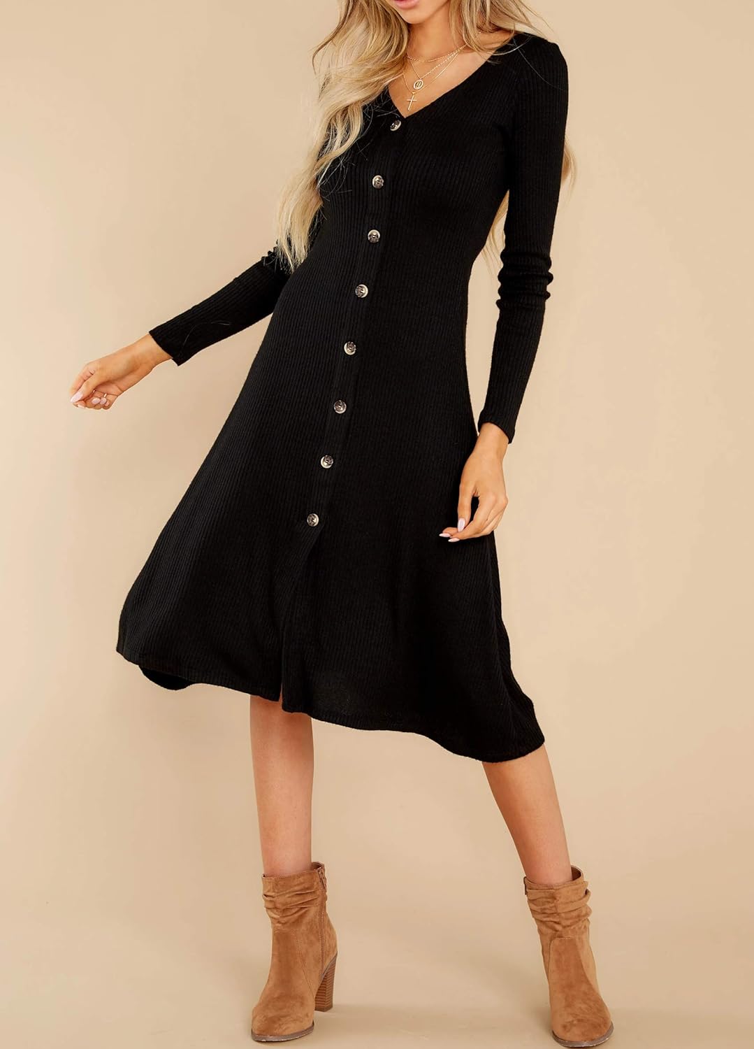 R.Vivimos Women's Fall Winter Long Sleeves V-Neck Casual Button Down Knit Sweater Midi Dress - Image 4