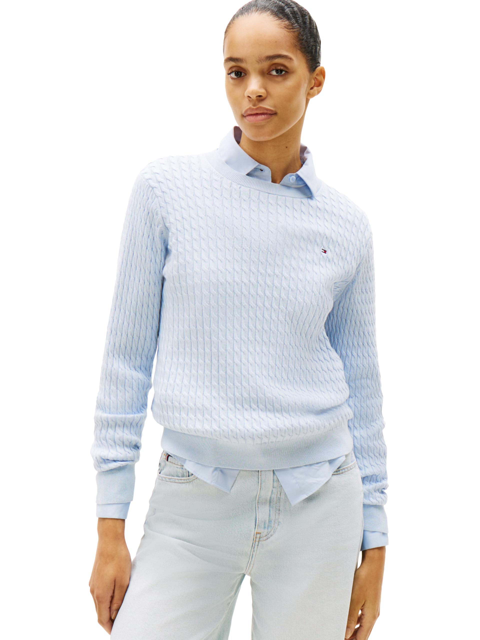 Women's Fine Gauge Cable Knit Crew Neck Sweater Lightweight Pullover