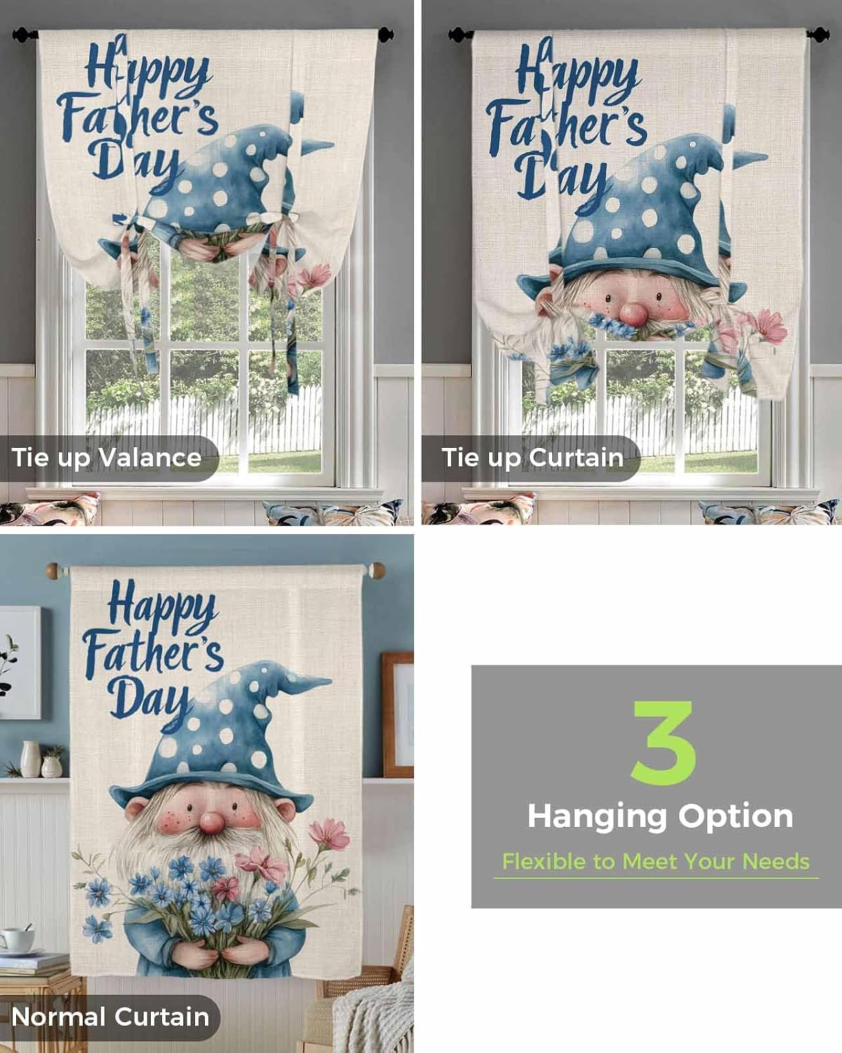 Tie Up Curtains for Windows, Happy Father's Day Kitchen Curtain Adjustable Balloon Window Shades, Blue Gnomes Floral Linen Valance Curtains for Living Room/Bedroom/Cafe 52"x63"