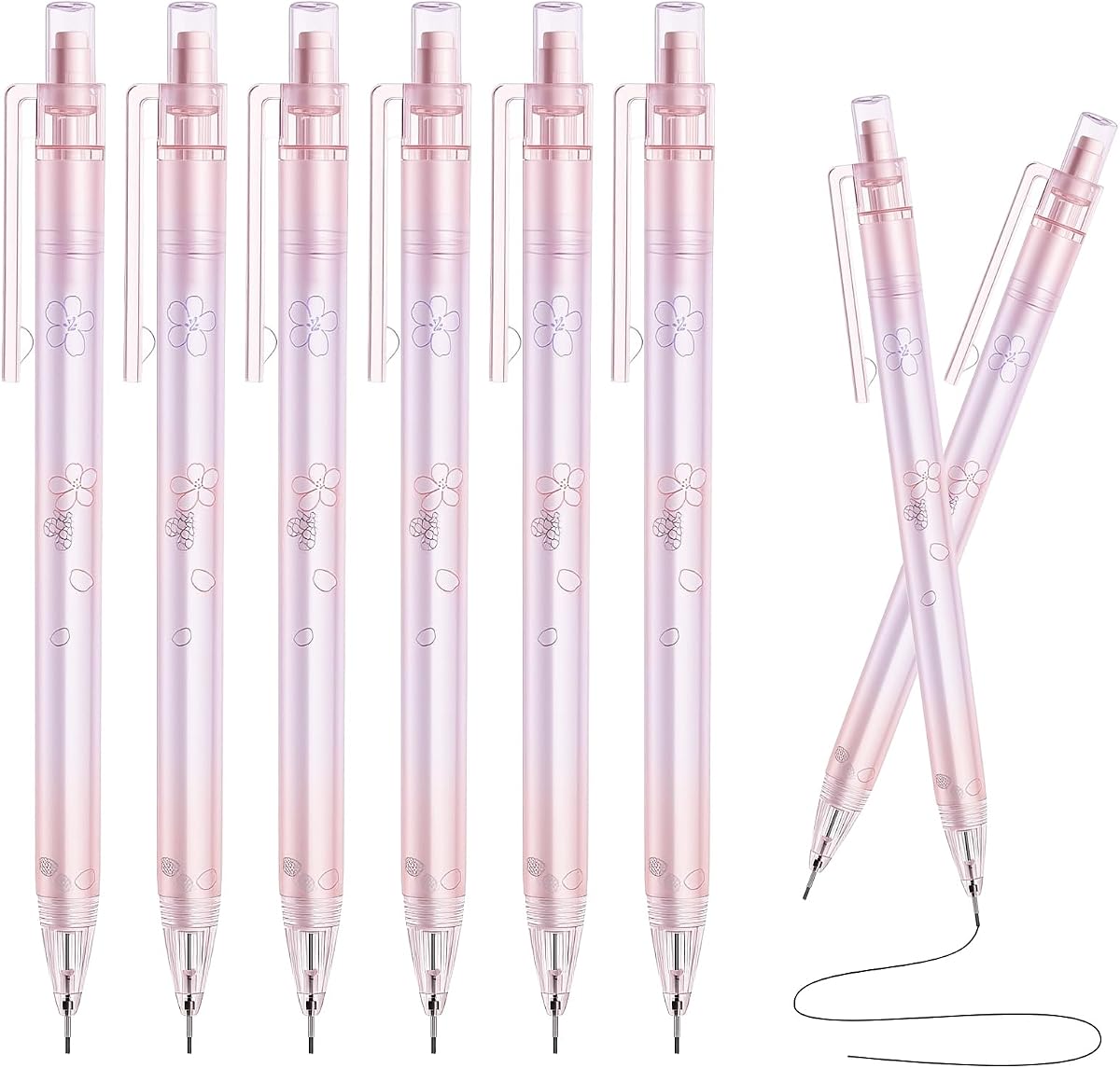 6Pcs Pink Cherry Blossom Mechanical Pencils, 0.5mm & 0.7mm Coquette Pencils | Cute Pink Cherry Blossom Design with Kawaii Mechanical Pencils, Smooth Writing for School, Office and Daily Use