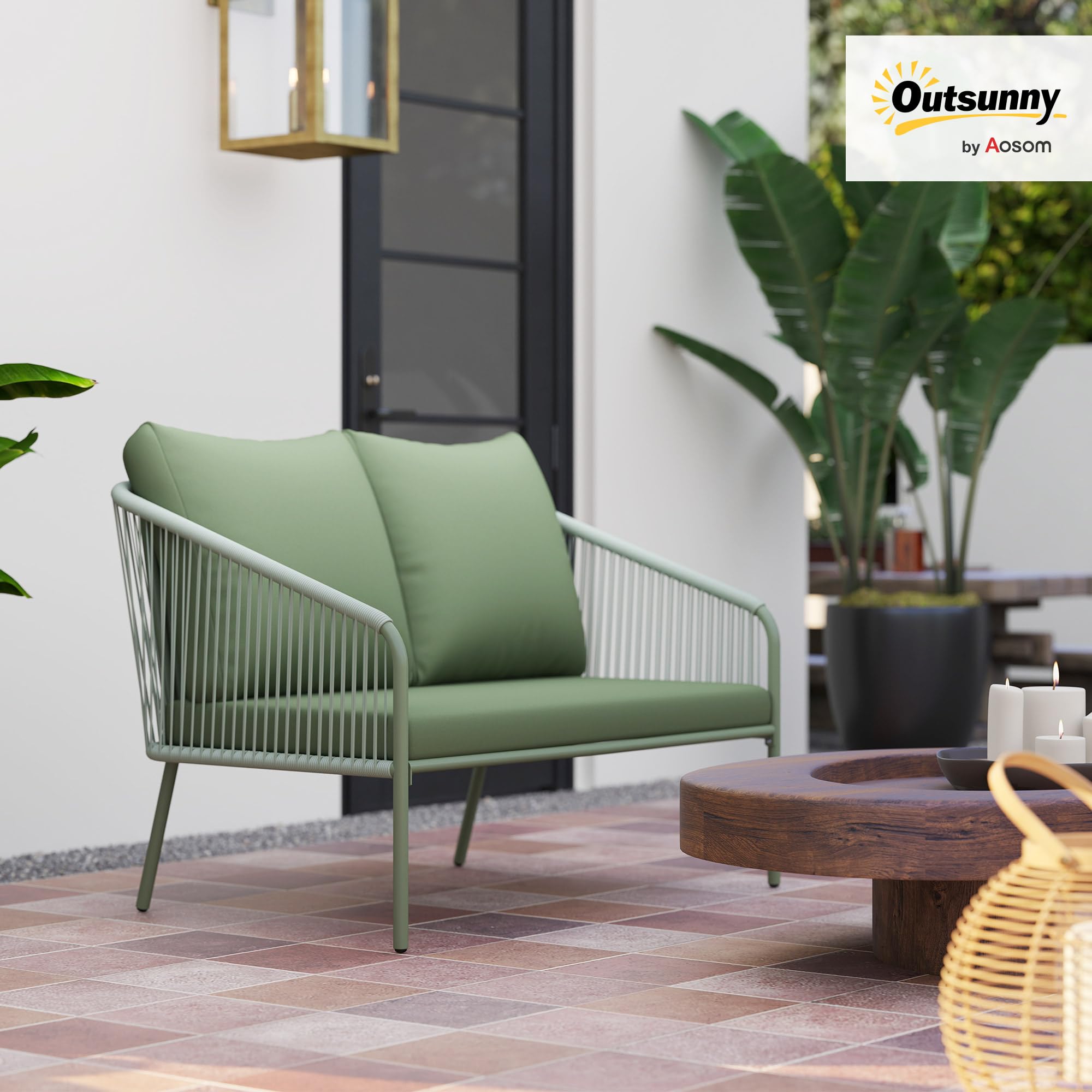 Outsunny Divano da Giardino 2 Posti in Rattan PE, Divanetto da Esterno in Stile Boho con Cuscini Sfoderabili, Braccioli e Telaio in Acciaio, Divano da Esterno, per Terrazza e Cortile, Verde